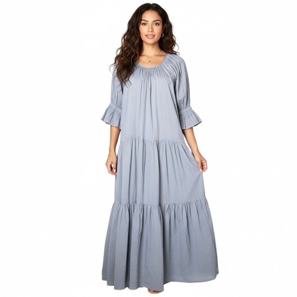 Daughters of India Sahana Gown Maxi Dress Blue Lagoon Cotton Tiered Size Medium